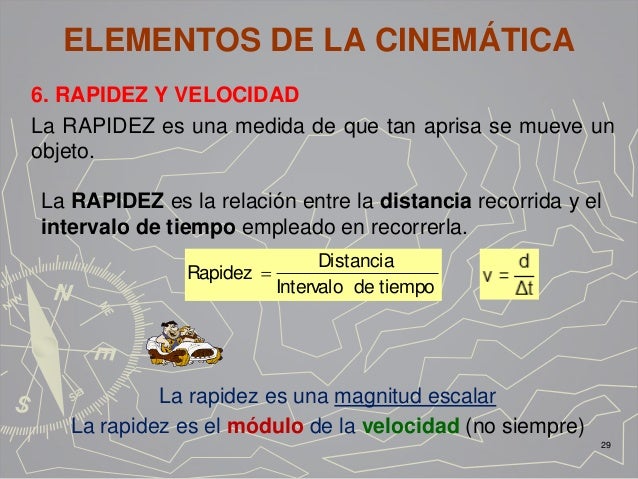 ELEMENTOS DE LA CINEMÁTICA
6. RAPIDEZ Y VELOCIDAD
La RAPIDEZ es una medida de que tan aprisa se mueve un
objeto.
29
La RAP...