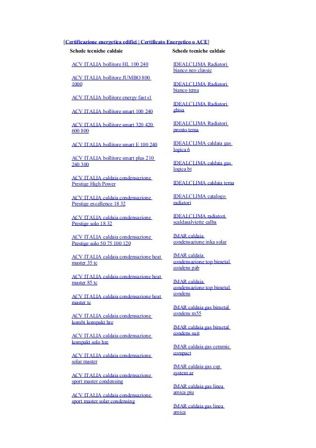 Schede tecniche caldaie per Certificazioni Energetiche - Ing