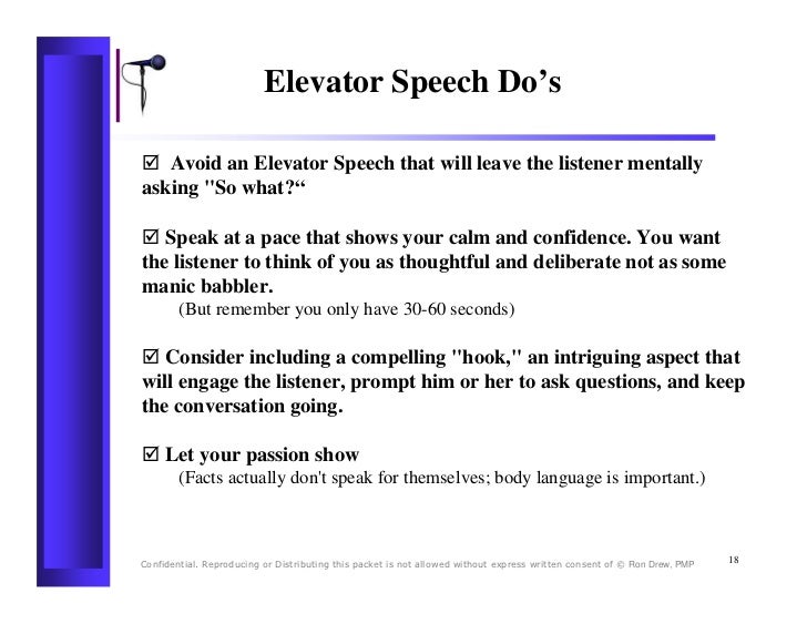rdrew elevator speech 30 second speech example