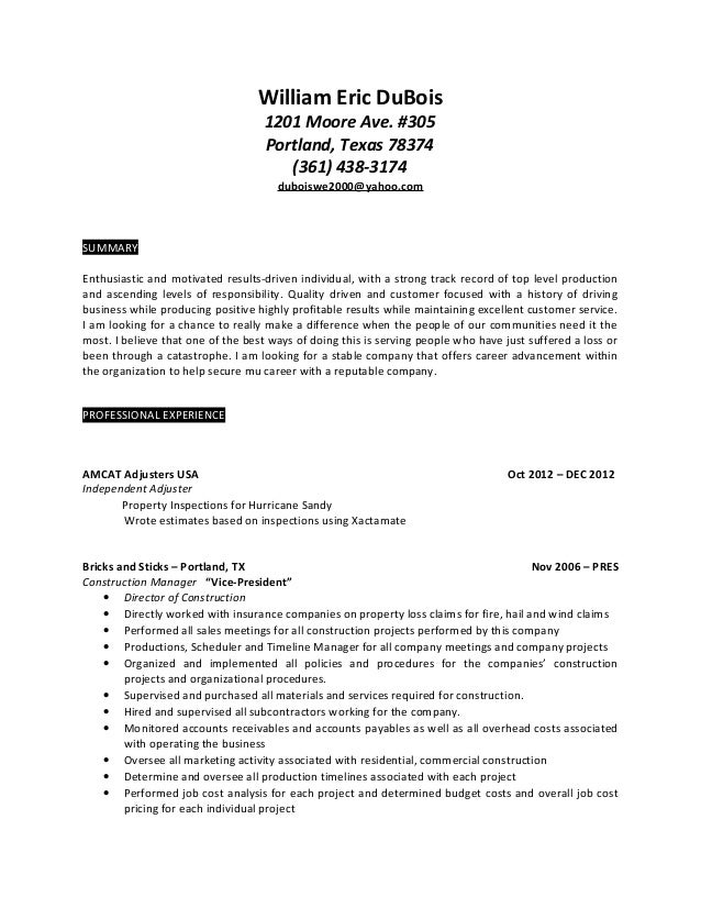 insurance adjuster resume samples