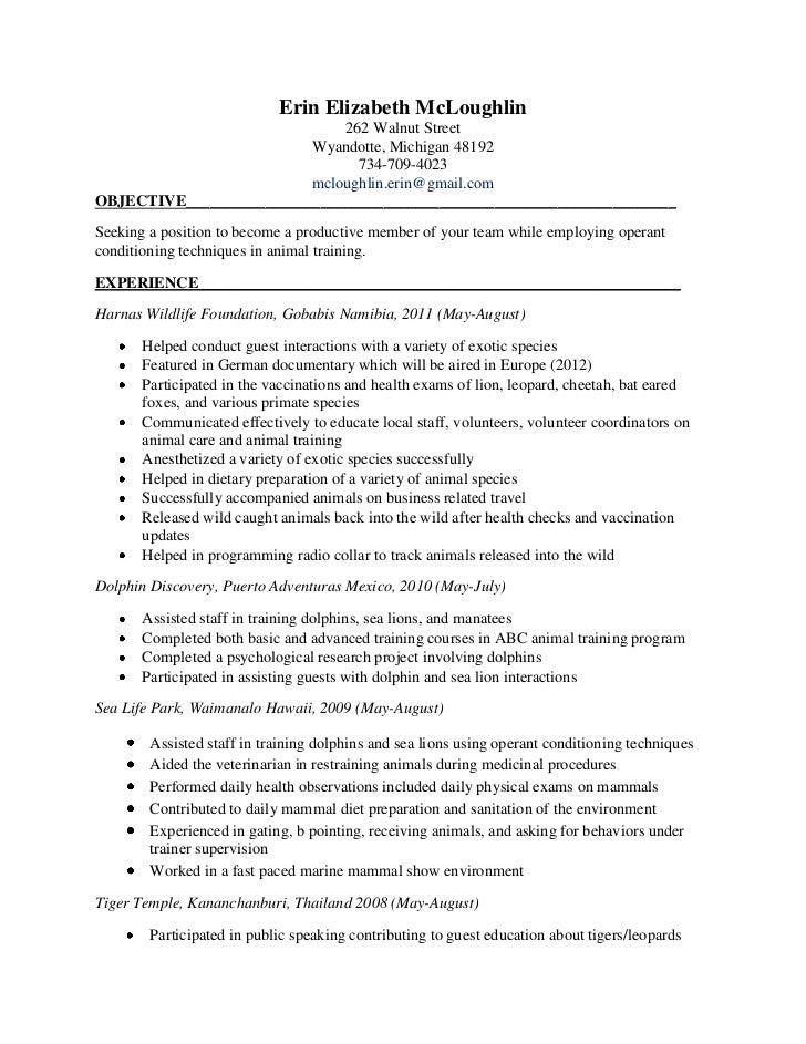resume for veterinary technician