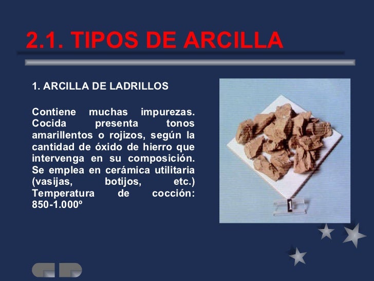 <ul><li>1. ARCILLA DE LADRILLOS </li></ul><ul><li>Contiene muchas impurezas. Cocida presenta tonos amarillentos o rojizos,...