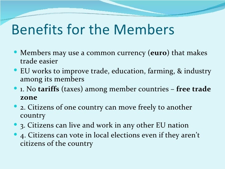 benefits of eu membership essay One common concern about membership of the eu is the notion that poorer members have more to gain than richer ones this column focuses on the countries that joined the eu in 1973 (denmark, uk and ireland) and in 1995 (austria, finland and sweden. benefits of eu membership essay One common concern about membership of the eu is the notion that poorer members have more to gain than richer ones this column focuses on the countries that joined the eu in 1973 (denmark, uk and ireland) and in 1995 (austria, finland and sweden.
