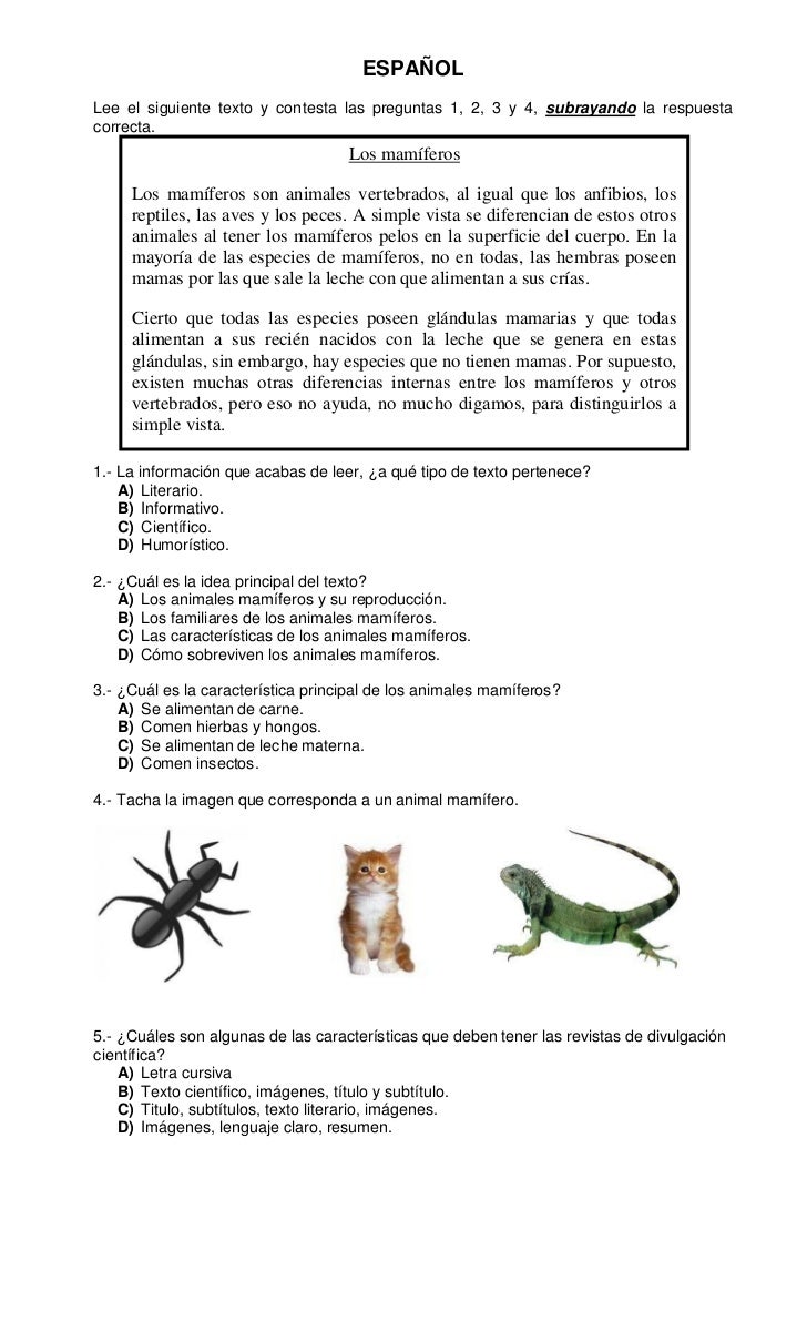 ESPAÑOLLee el siguiente texto y contesta las preguntas 1, 2, 3 y 4, subrayando la respuestacorrecta.                      ...