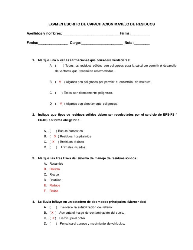 Examen escrito de manejo de residuos claves055