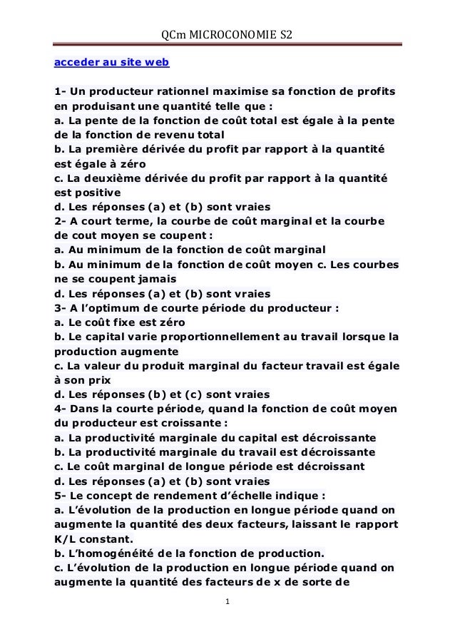 Examen microéconomie 2 se forme du qcm très importante pour s2