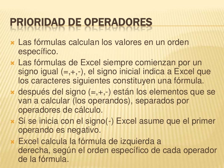 Resultado de imagen de orden de prioridad de las operaciones en excel