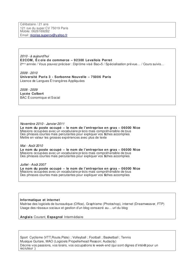 resume format  mod u00e8le cv cadre