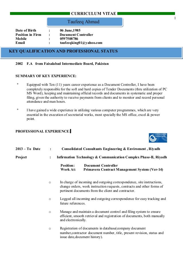 cv document controller tufeeq ahmed cv of document controller