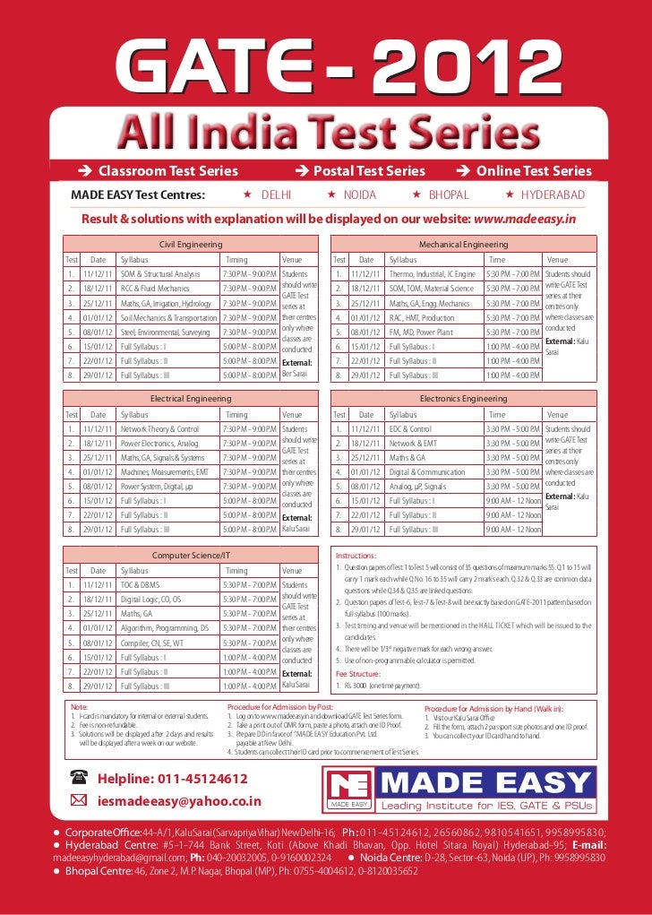 MADE EASY Announces GATE2012 All India Test Series Schedule
