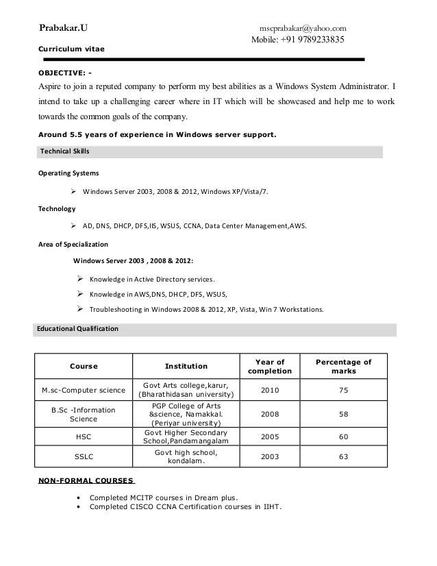 windows administrator resumes