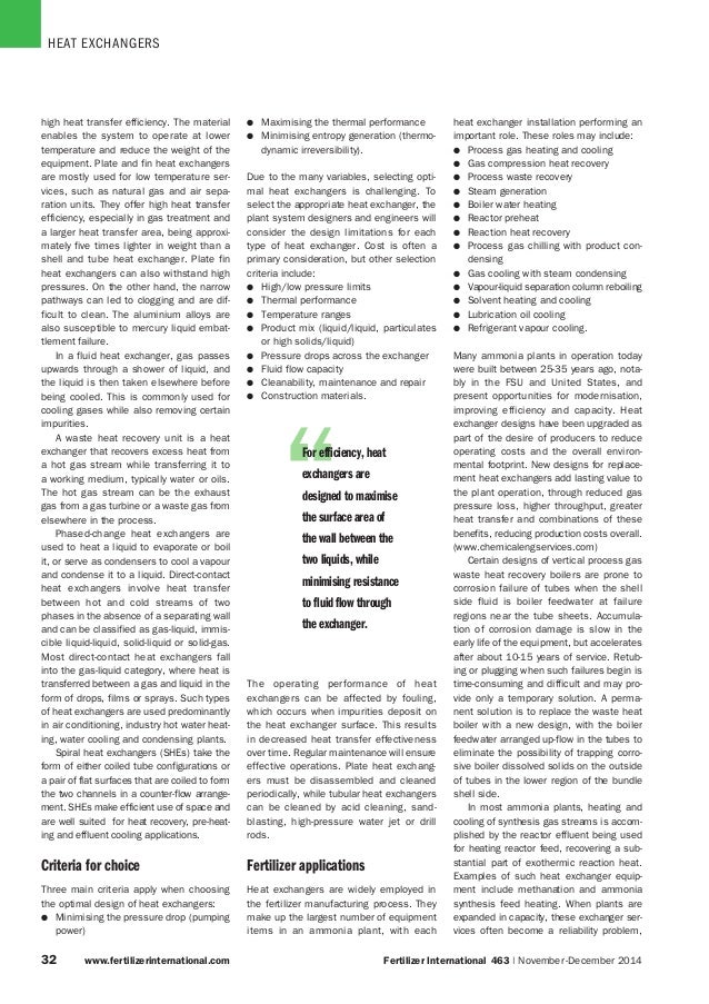 HEAT EXCHANGERS
33	 www.fertilizerinternational.com Fertilizer International  463 | November - December 2014
“For efficien...