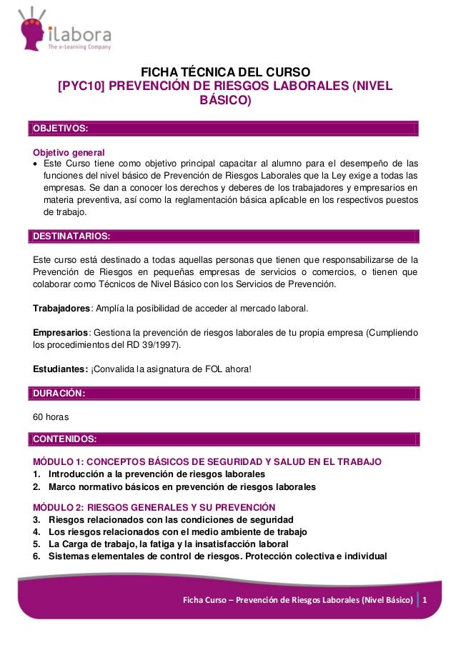 Ficha curso Prevención de Riesgos Laborales (nivel básico) Ficha curso Prevención de Riesgos Laborales (nivel básico)
