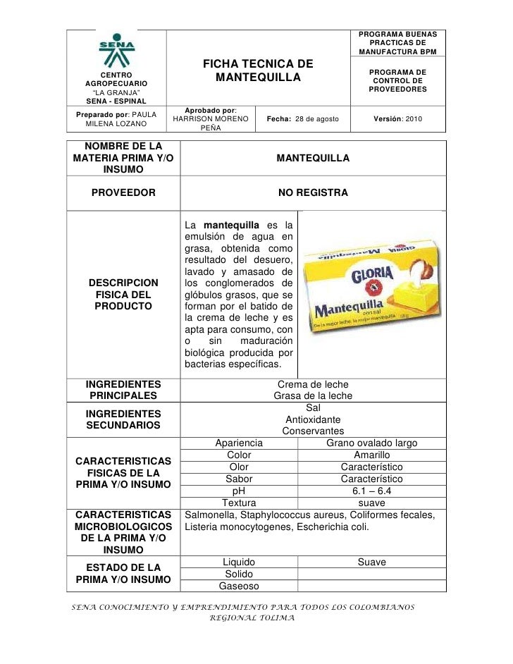 Ficha tecnica de mantequilla Ficha tecnica de mantequilla