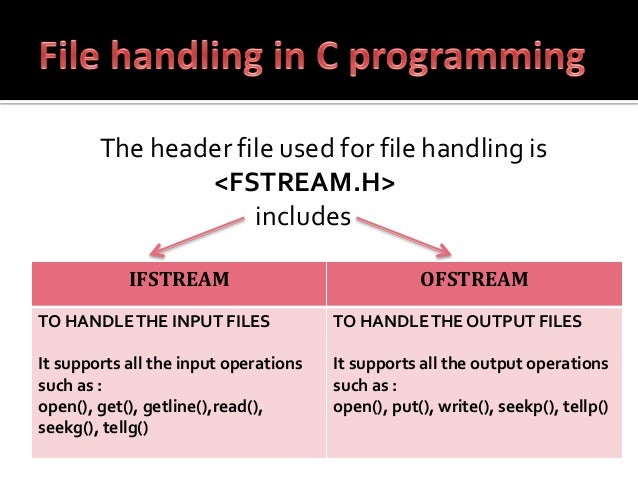 write a statement includes header files fstream string iomanip Note: this material is adapted from chapters 11 and 14 of c++: how to program by deitel and deitel the commands for writing data to a file are (for the most part) very similar to those used to write data to the screen however, there are some important distinctions which will be addressed in this document in order for your program to write to a file, you must: include the fstream header. write a statement includes header files fstream string iomanip Note: this material is adapted from chapters 11 and 14 of c++: how to program by deitel and deitel the commands for writing data to a file are (for the most part) very similar to those used to write data to the screen however, there are some important distinctions which will be addressed in this document in order for your program to write to a file, you must: include the fstream header.