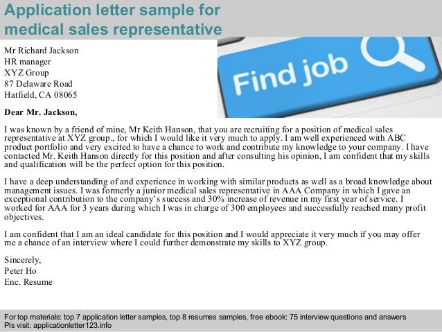 Sample application letter for medical sales representative