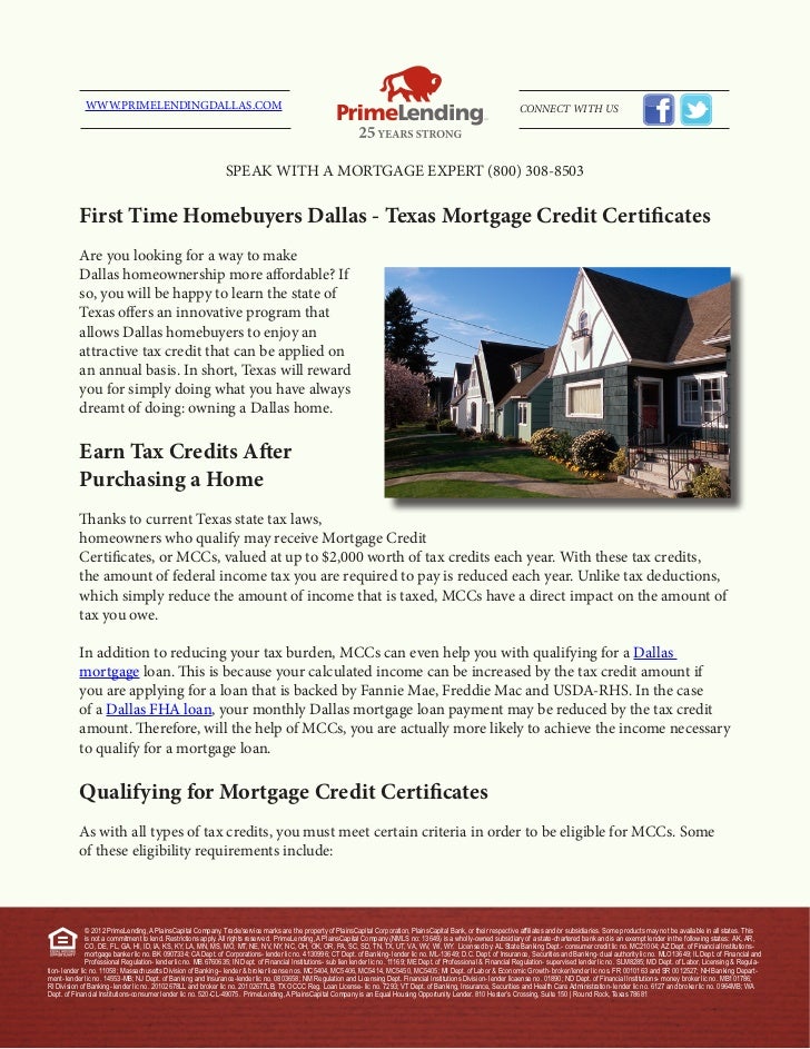 First time homebuyers dallas texas mortgage credit certificates
