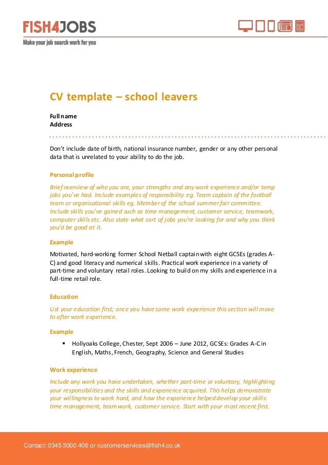 cv template for school leaver with no work experience fish4jobs cv template for school leavers cv template for school leaver with no work experience fish4jobs cv template for school leavers