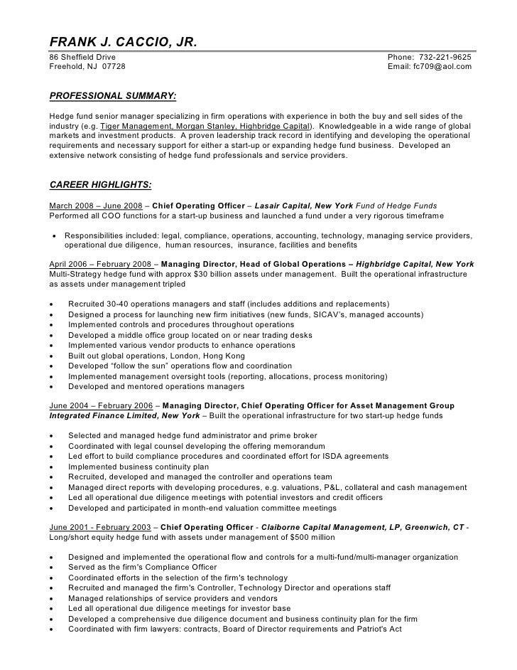 Hedge fund resume