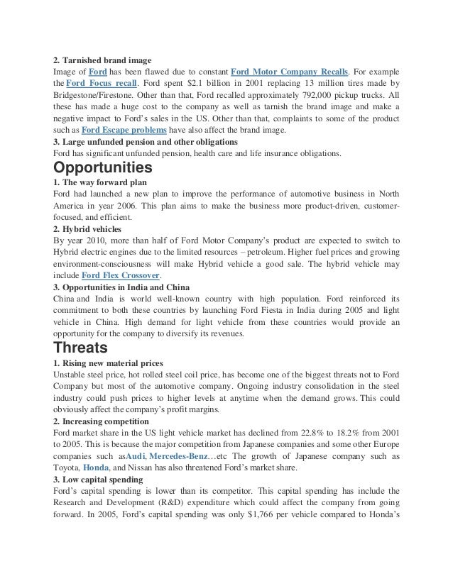 Swot Analysis Of Ford Motor Company Swot