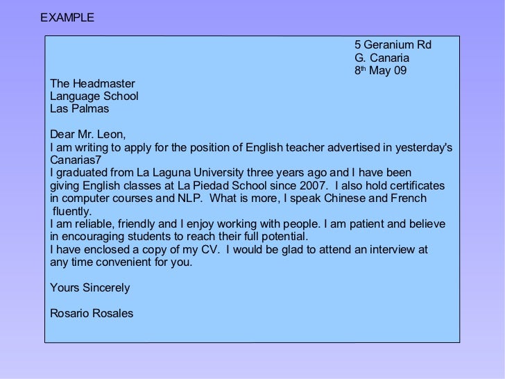 Letter of application primary school teacher