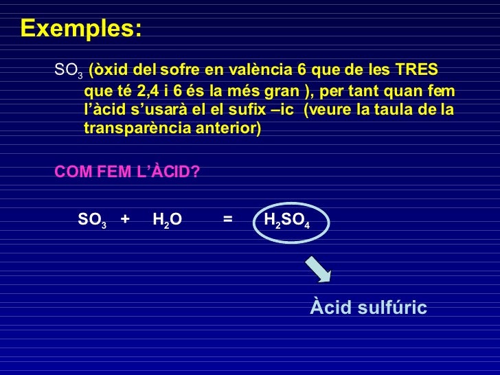 Exemples: SO 3 (òxid del sofre en valència 6 que de les TRES que té 2,4 i 6 és la més gran ), per tant quan fem l’àcid s’...