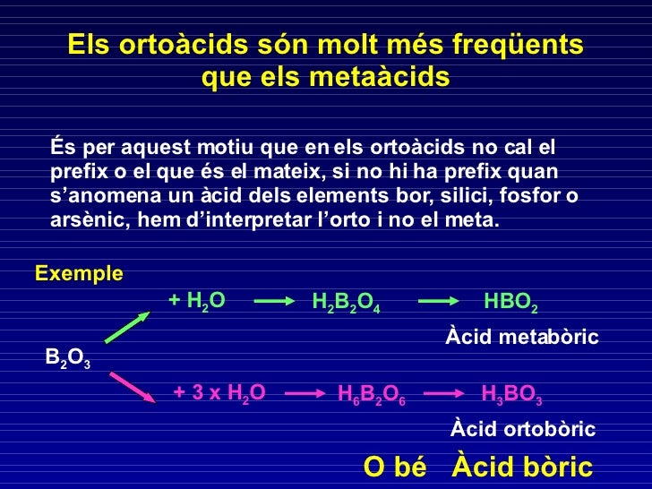 Els ortoàcids són molt més freqüents que els metaàcids És per aquest motiu que en els ortoàcids no cal el prefix o el que ...
