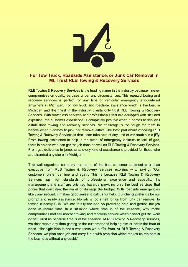 For Tow Truck Roadside Assistance Or Junk Car Removal In Mi Trust Roadside Assistance Business Plan Template