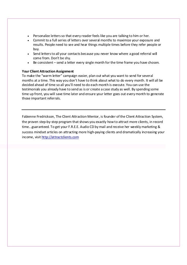 Four examples of a “warm letter” to generate more referrals