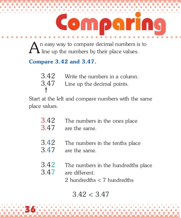 An easy way to compare decimal numbers is to
line up the numbers by their place values.
Compare 3.42 and 3.47.
3.42 Write ...