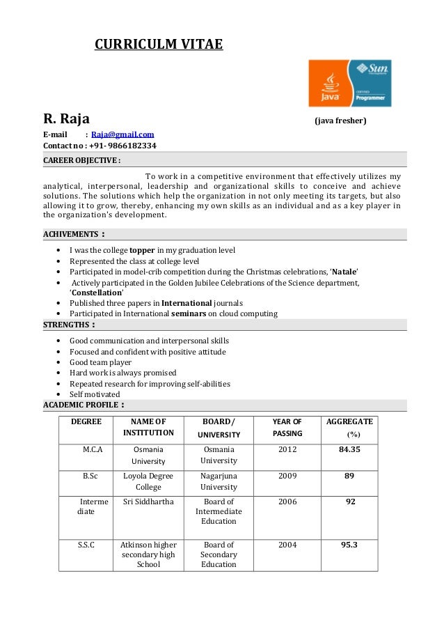 Format of resume for mca freshers