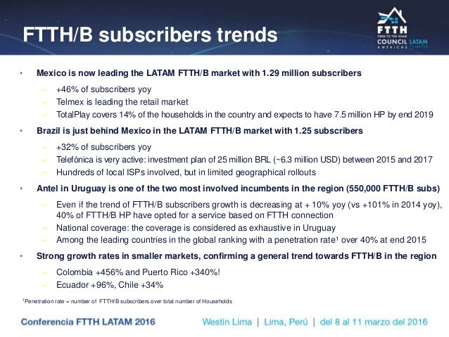 FTTH/B subscribers trends
• Mexico is now leading the LATAM FTTH/B market with 1.29 million subscribers
– +46% of subscrib...