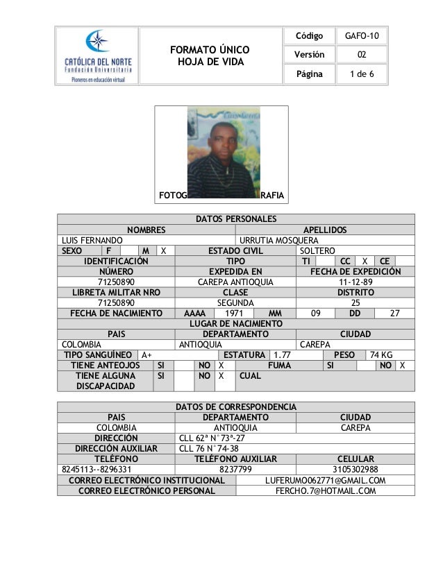 FORMATO HOJA DE VIDA EMPRESA formato hoja de vida empresa: