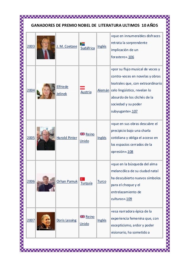 10 ULTIMOS PREMIOS NOBEL DE LITERATURA 10 ultimos premios nobel de literatura:
