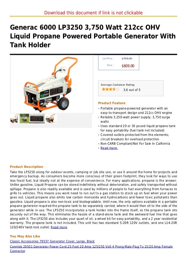Generac 6000 lp3250 3,750 watt 212cc ohv liquid propane powered porta…