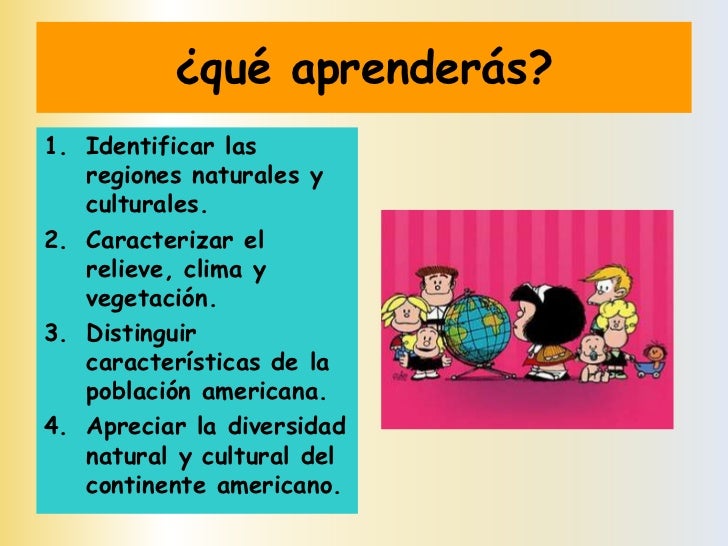 ¿qué aprenderás?1. Identificar las   regiones naturales y   culturales.2. Caracterizar el   relieve, clima y   vegetación....