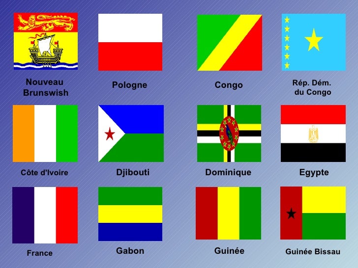 Nouveau Brunswish Pologne Congo Rép. Dém. du Congo Côte d'Ivoire Djibouti Dominique Egypte France Gabon Guinée Guinée Bis...