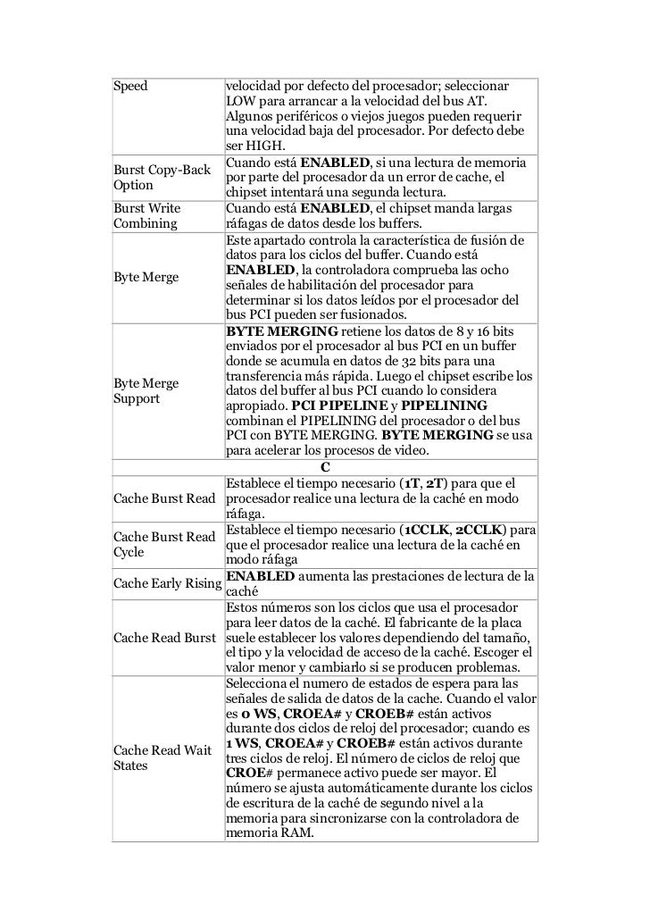 Speed              velocidad por defecto del procesador; seleccionar                   LOW para arrancar a la velocidad de...