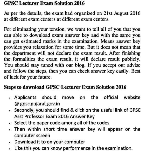 Gpsc asst professor 2016 exam answer key and lecturer jobs exam solution and result