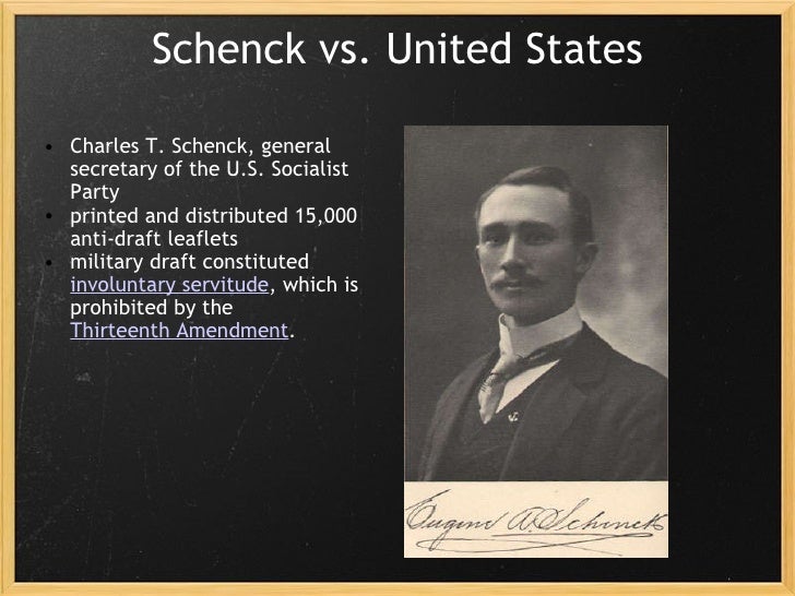 a review of schenck v united states In lieu of an abstract, here is a brief excerpt of the content: 101 2 schenck v united states (1919) abrams v united states (1919) i schenck v united states may be the most important case interpreting and applying the speech and press provisions of the first amendment. a review of schenck v united states In lieu of an abstract, here is a brief excerpt of the content: 101 2 schenck v united states (1919) abrams v united states (1919) i schenck v united states may be the most important case interpreting and applying the speech and press provisions of the first amendment.