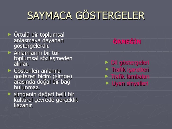 SAYMACA GÖSTERGELER <ul><li>Örtülü bir toplumsal anlaşmaya dayanan göstergelerdir. </li></ul><ul><li>Anlamlarını bir tür t...