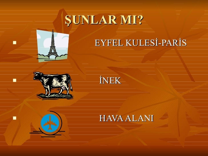 ŞUNLAR MI? <ul><li>EYFEL KULESİ-PARİS </li></ul><ul><li>İNEK </li></ul><ul><li>HAVA ALANI </li></ul>