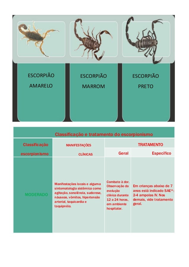 ESCORPIÃO
AMARELO
ESCORPIÃO
MARROM
ESCORPIÃO
PRETO
Classificação e tratamento do escorpionismo
Classificação
escorpionismo...