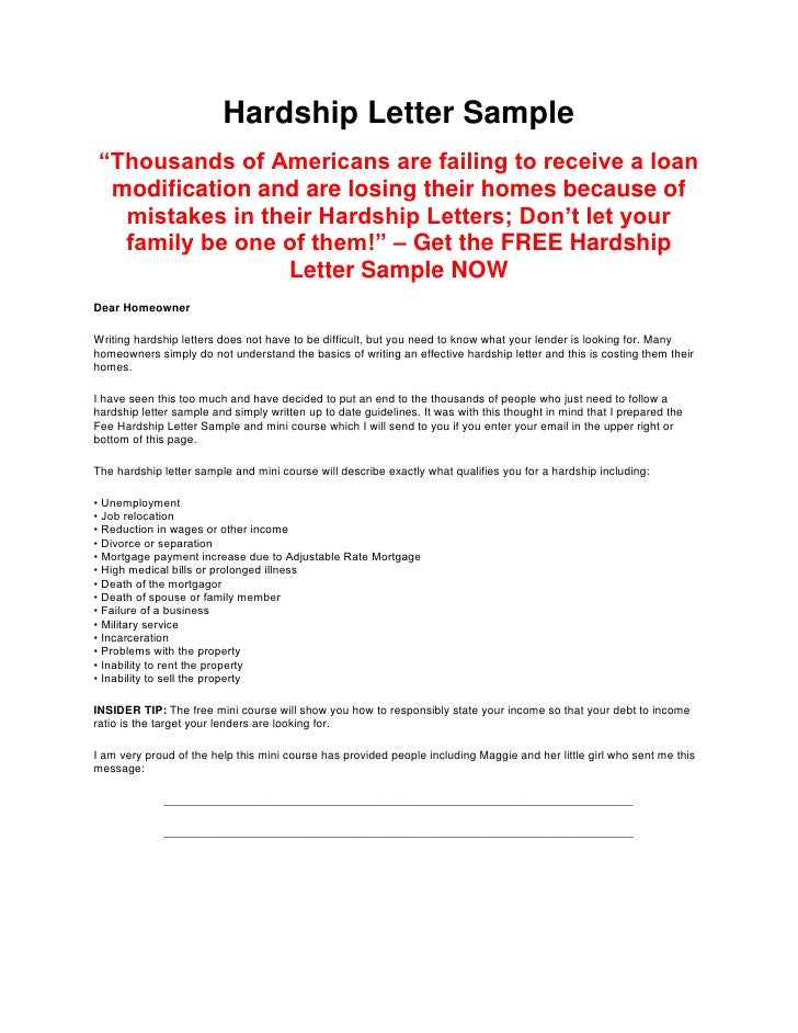 Sample Letter Hardship Letter
