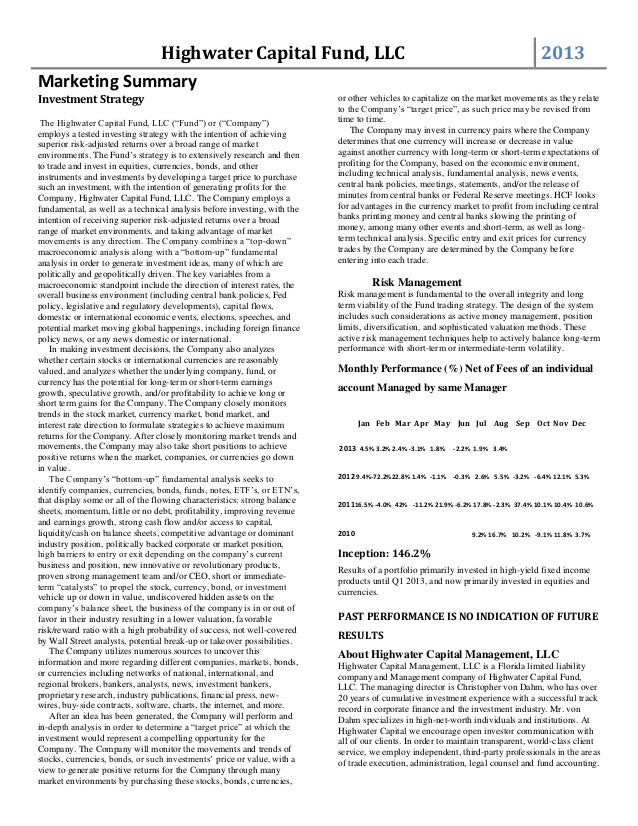 HIGHWATER CAPITAL FUND TEAR SHEET