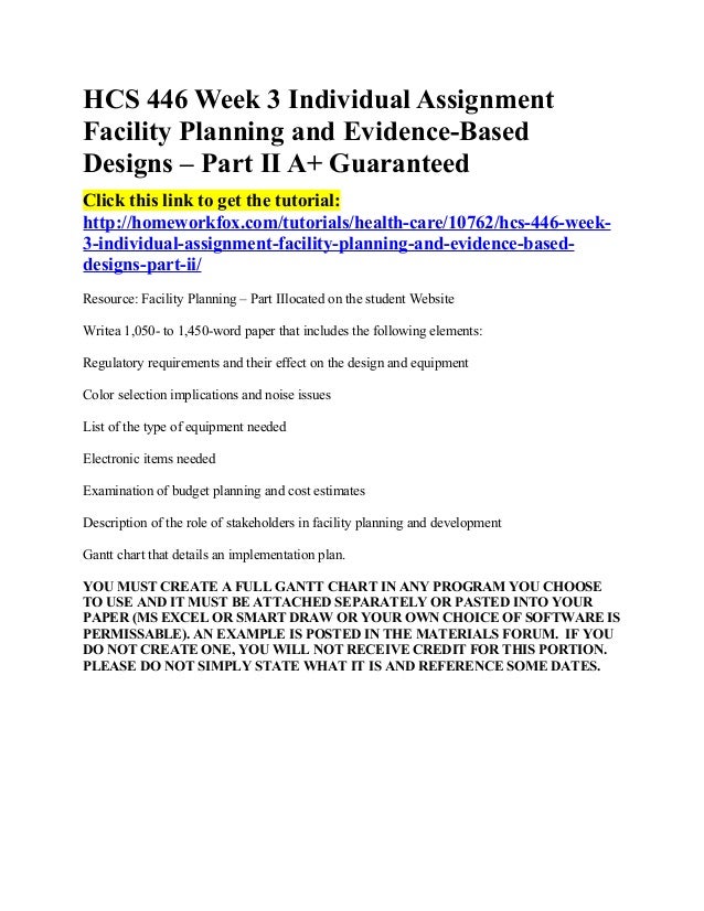 hcs 446 week 4 facility planning Hcs 446 week 4 team assignment facility planning part iii read the following information: health care facilities are unique and have clearly defined characteristics based on the needs of the facility or population being served. hcs 446 week 4 facility planning Hcs 446 week 4 team assignment facility planning part iii read the following information: health care facilities are unique and have clearly defined characteristics based on the needs of the facility or population being served.