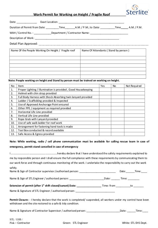 working at height permit to work template height work permit working at height permit to work template height work permit