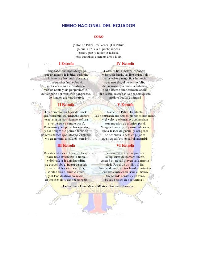 Himno+Nacional+Del+Ecuador+Completo HIMNO NACIONAL DEL ECUADORCORO¡Salve oh Patria, mil veces! ¡Oh ...