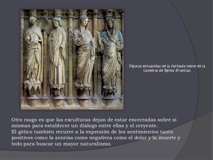 Figuras esculpidas de la fachada oeste de la catedral de Reims (Francia). <br />Otro rasgo es que las esculturas dejan de ...