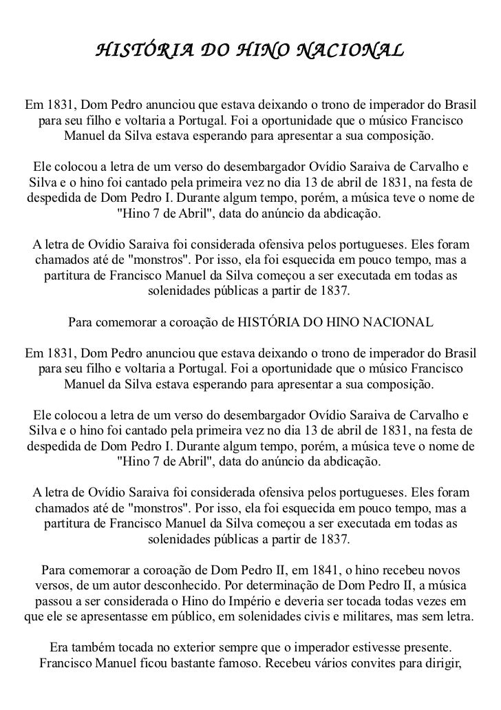Faça Um Relatório Rápido Da História Do Hino Nacional